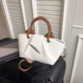 Korean fashion women handbag white leather shoulder crossbody bag with brown knotted handle - White