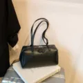 Black PU vintage bowling bag underarm bag for women, retro chic shoulder pillow bag daily commute. - No Pendant / Black