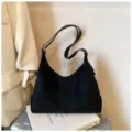 Black suede hobo shoulder bag for women, large capacity vintage bucket bag for daily commute. - No Pendant / Black