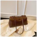 Retro brown PU leather bowling bag, stylish underarm shoulder pillow bag for women. - No Pendant / Brown