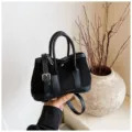 Black retro suede patchwork handbag, stylish top-handle shoulder crossbody bag for daily wear. - L / Black