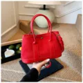 Red Suede Patchwork Tote Bag Vintage Top Handle Shoulder Crossbody Bag For Women - L / Red