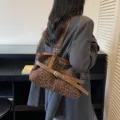 Casual large capacity leopard print shoulder bag with brown leather straps and metal buckle. - No Pendant / Coffee