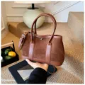 Brown suede patchwork handbag, vintage shoulder crossbody bag with top handle and strap. - L / Brown