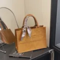 Brown suede tote bag with scarf and embroidered letters, stylish and large capacity for daily use. - S / Brown
