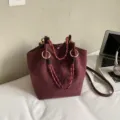 Women wine red suede bucket bag with rhinestone bow detail, stylish single shoulder crossbody bag. - No Pendant / Burgundy
