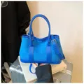 Blue suede handbag for women, retro patchwork shoulder tote bag with stylish crossbody strap. - L / Blue