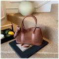 Brown suede patchwork handbag, vintage top handle shoulder crossbody bag for autumn and winter. - S / Brown