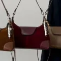 Retro PU suede patchwork shoulder bag, vintage underarm handbag with beaded charms for women. - With Pendant / Red