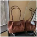 Brown suede shoulder tote bag, large capacity commuting handbag with flap closure for women. - No Pendant / Brown