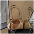 Korean style large capacity casual shoulder bag for women, elegant tote with charm. - With Pendant / Khaki