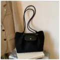 Korean style black suede shoulder bag for women, elegant commuting tote with straps. - No Pendant / Black