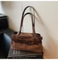 Brown retro suede shoulder bag for women, casual commuter underarm handbag with decor. - Coffee