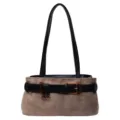 Vintage brown suede shoulder bag for women with black straps and decorative belt buckle. - Camel