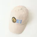 Children corduroy baseball cap detail view, cute embroidered face and EI letters for kids. - 3-10 Years / Smile Style / Beige