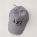 Close-up detail of gray corduroy children baseball cap with brown embroidered letters AEI. - 3-10 Years / Big A Style / Dark Gray