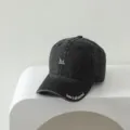 Distressed black washed kids baseball cap with cute white embroidery letters, casual style. - Dark Gray