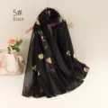 Lightweight black floral embroidered linen scarf, ethnic style sun protection shawl for women. - 5# Black