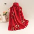 Red floral embroidered scarf lightweight breathable cotton linen shawl for women elegant accessory - 7#