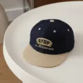 Kids flat brim baseball cap, navy blue striped hip hop hat with khaki visor for autumn style. - 52cm Adjustable / Striped Black