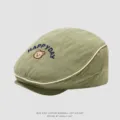Kids olive green beret flat cap with cute bear embroidery and piping detail for autumn. - 50cm Adjustable Fit For 1-3 Years / Bear Head - Green