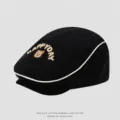 Children black flat cap with beige piping and cute embroidery, stylish cotton ivy cap for kids. - 50cm Adjustable Fit For 1-3 Years / Black Bear