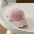 Children pink baseball cap with Good embroidered letter, distressed brim, summer sun protection. - 54cm Adjustable For 6-12 Years / Smile Good Pink