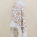 Detailed view of white imitation cashmere embroidered floral shawl scarf for winter warmth. - Milky White