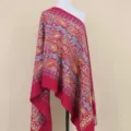 Elegant red imitation cashmere shawl with golden paisley embroidery, cozy winter wrap. - Burgundy