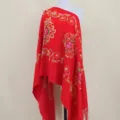 Red embroidered cashmere-feel shawl ethnic style winter warm festival fringed cape scarf - Red