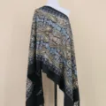 Detailed view of women's ethnic style imitation cashmere paisley embroidered warm shawl scarf. - Black