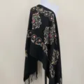 Schwarzer ethnischer blumig bestickter Kaschmirimitat Schal warmer Fransen Umhang Tuch - Schwarz