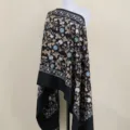 Imitation cashmere ginkgo leaf embroidered scarf shawl, ethnic style warm long winter cape. - Black