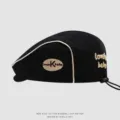 Kids black cotton beret hat with beige piping, stylish embroidered cabbie cap for autumn daily wear. - 50cm Adjustable Fit For 1-3 Years / Side K Letter - Black