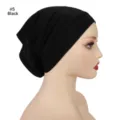 Black modal under-cap hijab side view detail showing soft breathable elastic wide brim design. - Black