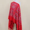 Red imitation cashmere embroidered shawl detail, featuring colorful sunflower mandala pattern. - Red