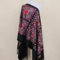 Black embroidered cashmere-feel shawl winter warm boho tassel scarf ethnic festival cape - Black