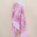 Pink cashmere feel sunflower embroidered scarf shawl ethnic style winter cape accessory. - Bright Pink