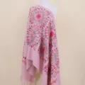 Pink cashmere-feel embroidered floral scarf shawl, ethnic style winter cape accessory. - Pink