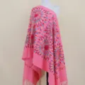 Pink imitation cashmere shawl scarf with colorful sunflower embroidery and tassel trim. - Watermelon red