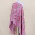 Cashmere-feel embroidered sunflower shawl, purple ethnic tassel winter scarf for women. - Lotus Pink