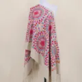 Faux cashmere embroidered floral shawl scarf with vibrant sunflower patterns and cozy fringe. - Khaki