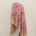 Khaki cashmere-feel embroidered shawl with colorful sunflower mandala pattern and stylish fringe. - Camel