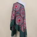 Dark green cashmere-feel embroidered shawl scarf with colorful sunflower boho style. - Dark Green