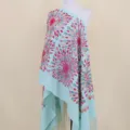 Light blue imitation cashmere embroidered sunflower scarf ethnic boho festival warm shawl cape. - Light Green