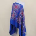 Blue imitation cashmere embroidered shawl with colorful sunflower pattern and fringe, variant style - Sapphire Blue