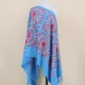 Blue cashmere feel embroidered sunflower shawl boho tribal fringe winter warm wrap scarf - Sky Blue
