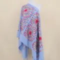 Light blue cashmere feel embroidered sunflower shawl tassel scarf winter warm wrap - Light Blue