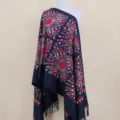 Navy blue cashmere-feel embroidered scarf shawl with colorful sunflower patterns and tassels. - Navy Blue