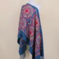 Blue cashmere-like embroidered sunflower shawl, ethnic style warm winter fringed scarf. - Aqua